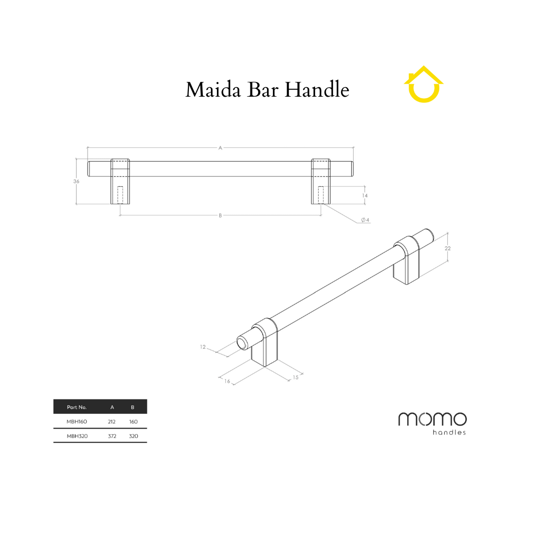 Maida Bar Handle 160mm - Polished Nickel