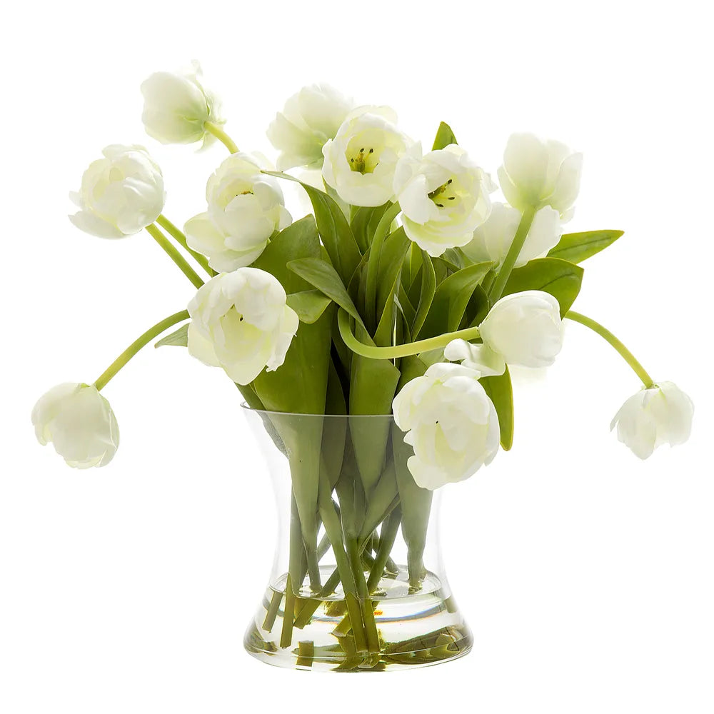 Tulip in Water in Glass Vase White - 35cm